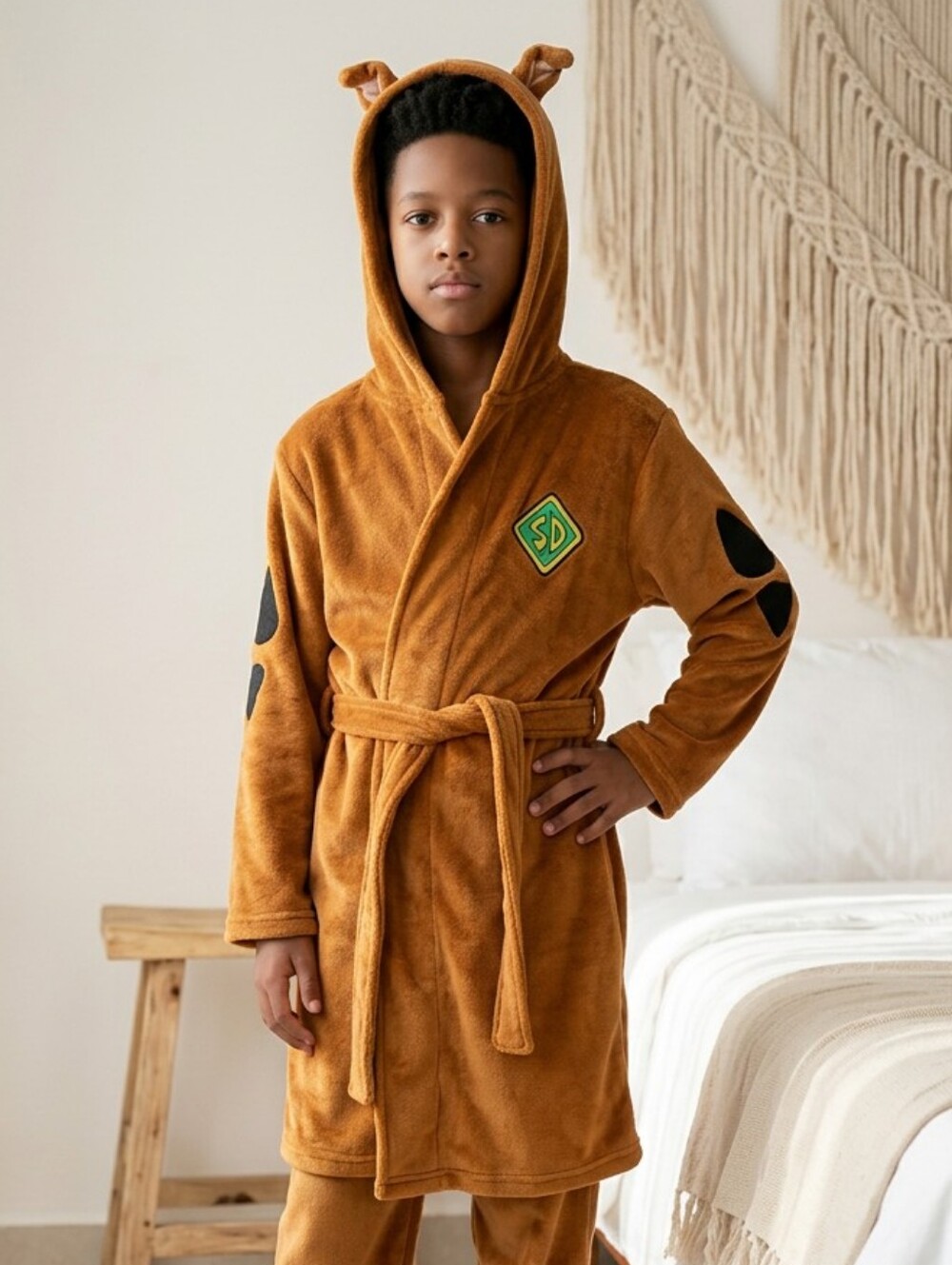 Scooby-Doo Hooded Robe Kids Unisex Fleece Bathrobe Belted Boys Girls Brown Dog